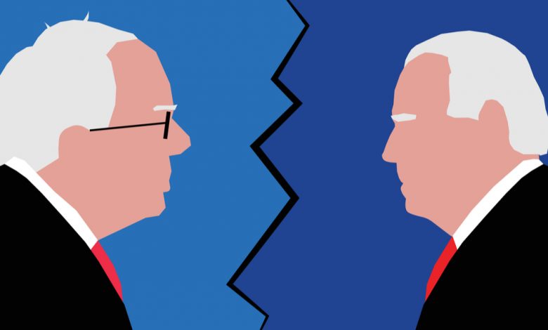 Cartoon of Joe Biden and Bernie Sanders facing off.