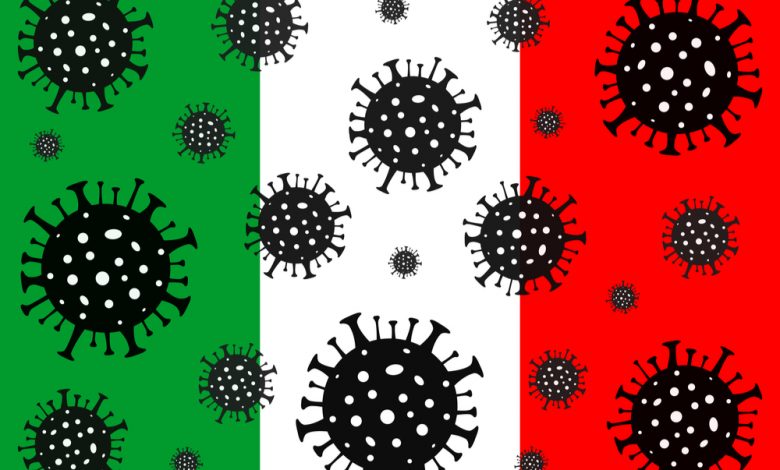 Illustration of an Italian flag overlayed with COVID-19 virus
