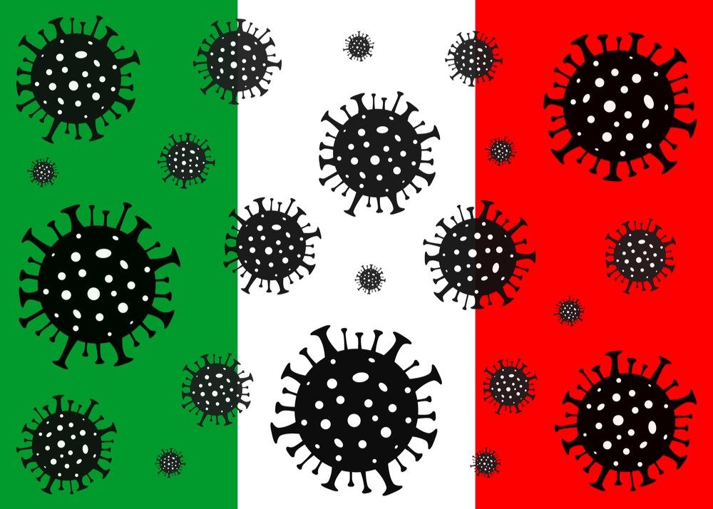 Illustration of an Italian flag overlayed with COVID-19 virus