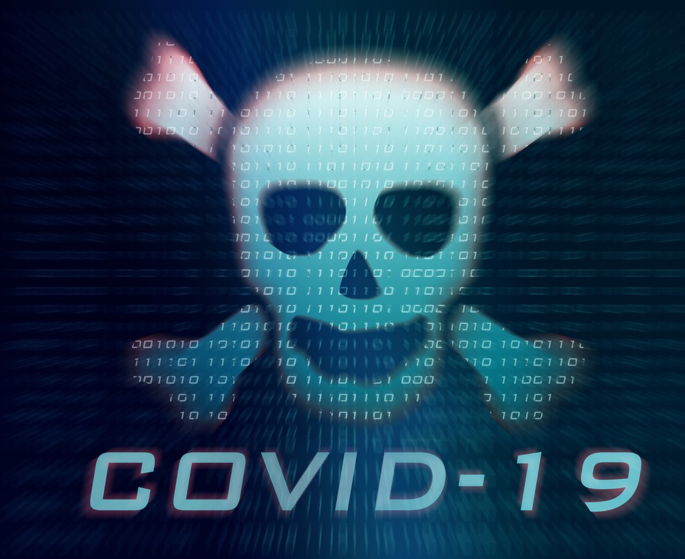 Illustration with crossbones, skull and text reading COVID-19