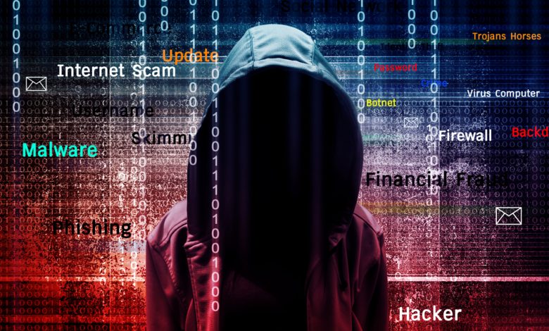 Image of hacker with cybersecurity terms overlayed