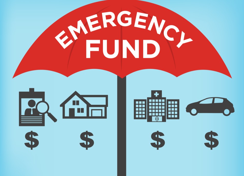 Illustration of umbrella labeled emergency fund covering various sectors