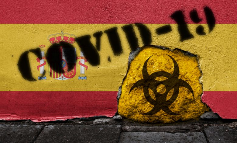 spanish flag with covid-19 painted over it