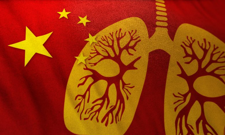 Illustration of Chinese flag with an overlay of a human lung.