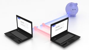 Image of two computers suffering from a man in the middle hack.