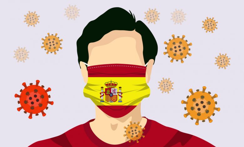 Illustration of a man wearing a Spain flag face mask. Coronavirus molecules in the background.