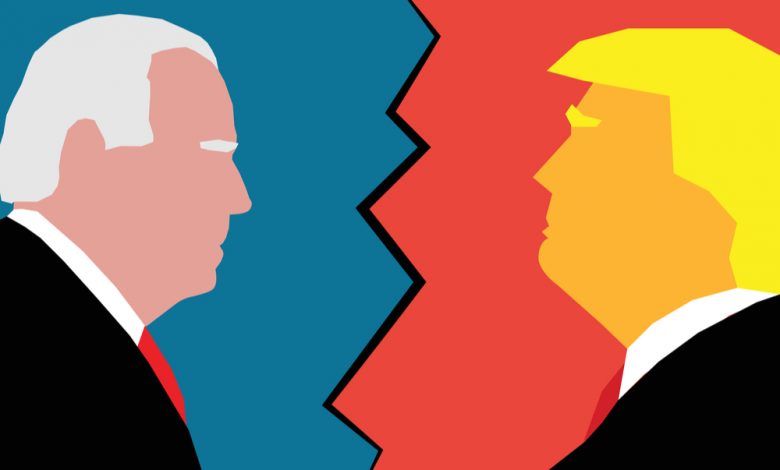 Illustration of Trump and Biden facing each other.