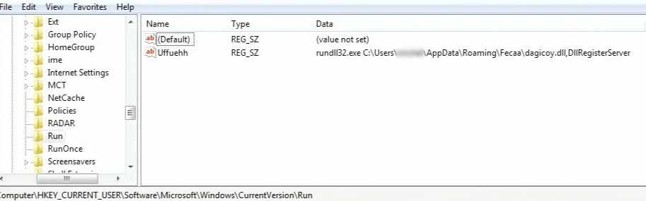Image of Zeus Sphinx malware adding a run key to the registry