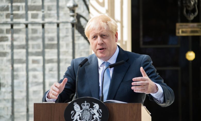 Boris Johnson, delivers a speech outside 10 Downing Street.