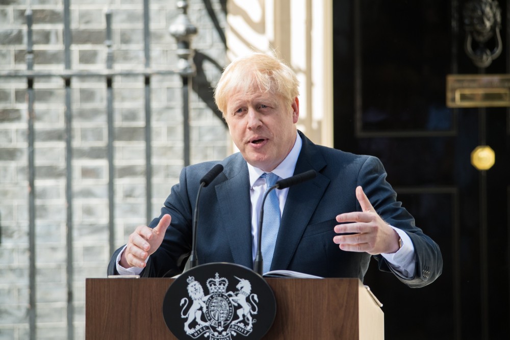 Boris Johnson, delivers a speech outside 10 Downing Street.