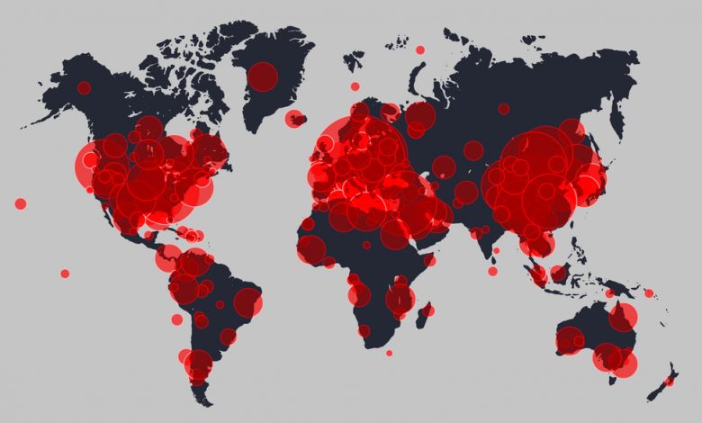 World map showing coronavirus cases.