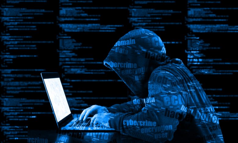 Hacker in a blue hoody standing in front of a coding background.