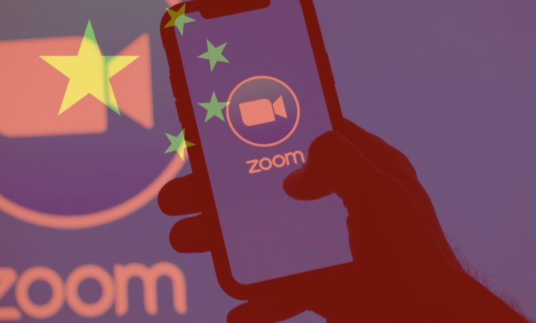 Image of smarphone using Zoom video conference app with the Chinese flag background.