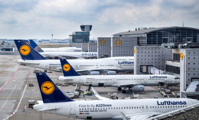 Aerial view of Lufthansa aircraft parked at Frankfurt Airport.