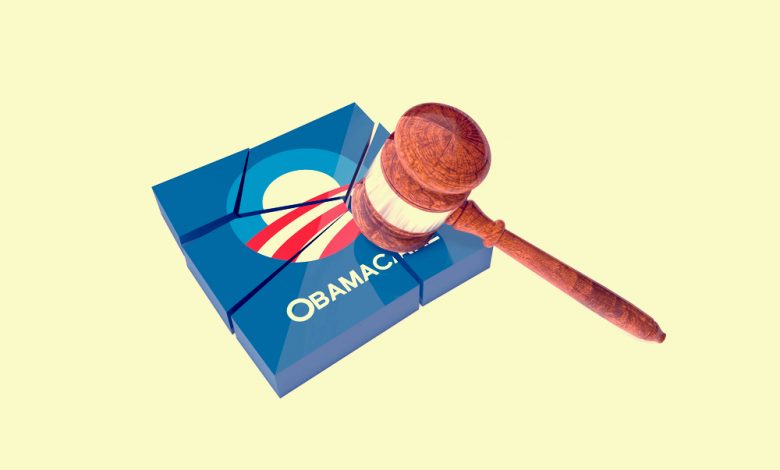 Collapsed plate with Obama Care symbol and a text label and a judge's gavel.