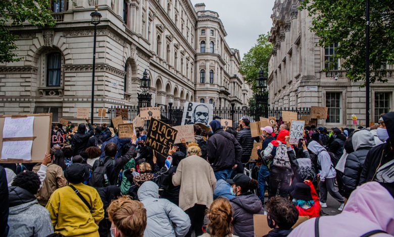 Black Lives Matter protesters gather outside the US Embassy and Downing Street.