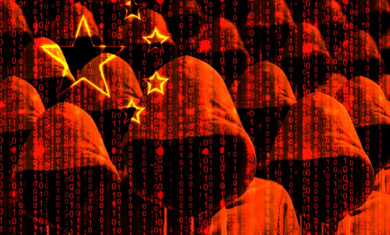 Group of hooded hackers shining through a digital chinese flag.