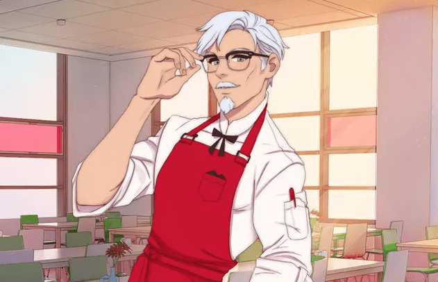 Cartoon rendition of Colonel Sanders in “I Love You Colonel Sanders! A Finger-Lickin’ Good Dating Simulator”