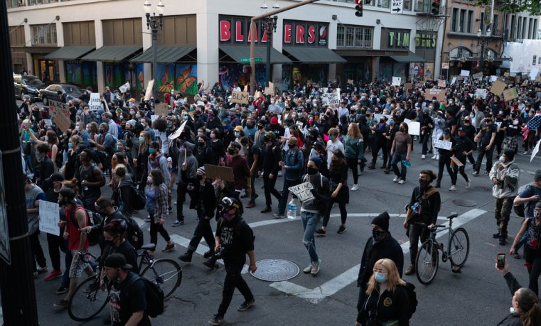 Large crowd of young protesters in downtown Portland.