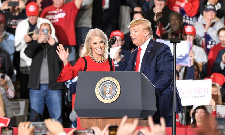 White House counselor Kellyanne Conway joins U.S. President Donald J. Trump during a campaign rally.