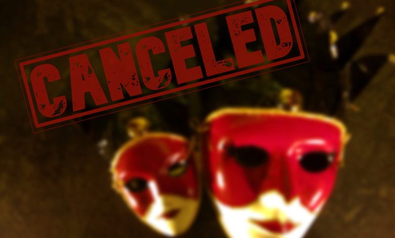 Cancel culture concept image depicting blurry theater masks and "canceled" sign.
