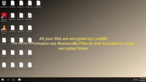 Message displayed on desktop following LockBit ransomware encryption.