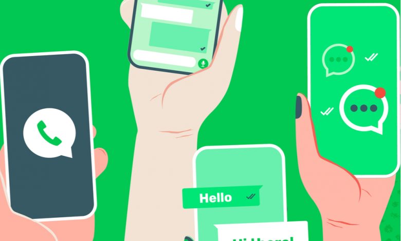 Illustration of multiple WhatsApp chat screens.