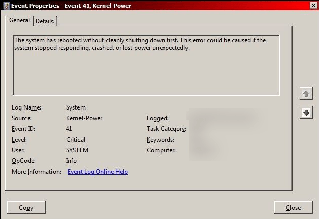 Image of Kernel-Power 41 error message screen.