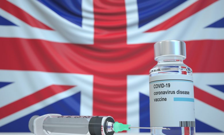 Coronavirus vaccine with a flag of the UK as a background.