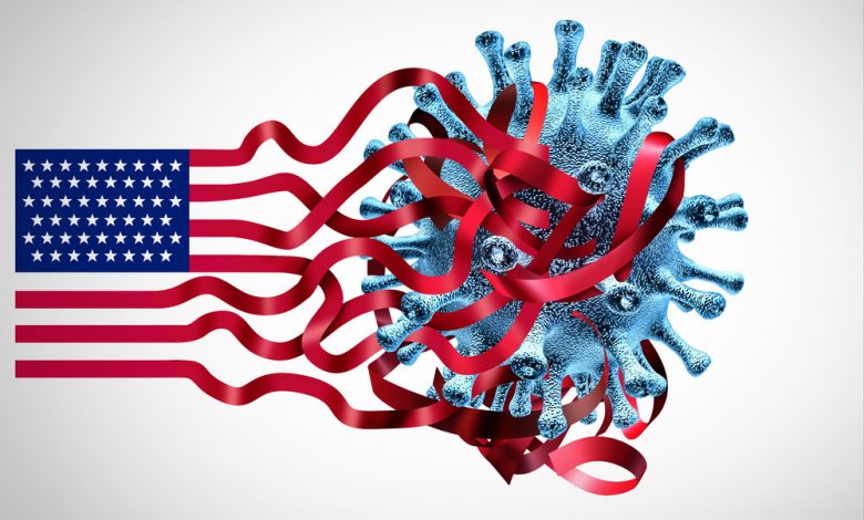 Concept image depicting US flag merging with a COVID-19 molecule.
