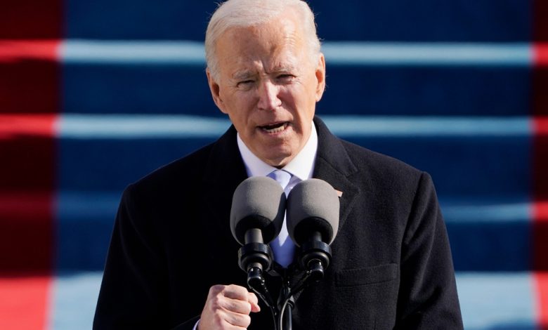 Biden speaking during his inauguration about his first 100 days in presidency.
