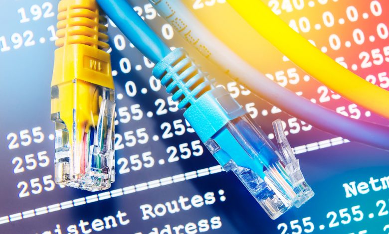 Networking concept image showing ethernet cable and IP addresses.