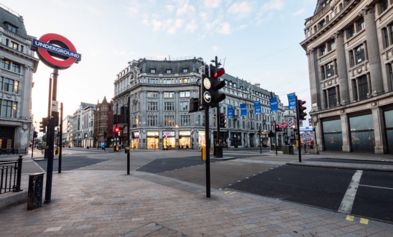 Oxford Circus with no traffic or pedestrians.