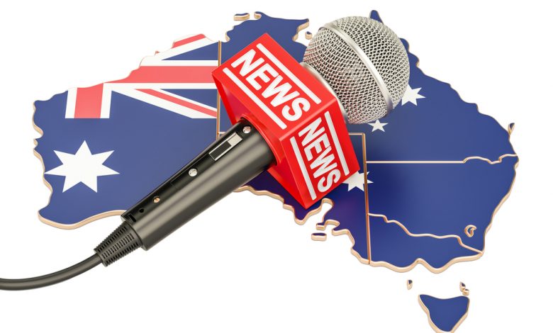 Illustration of Australia with a news microphone overlaid.