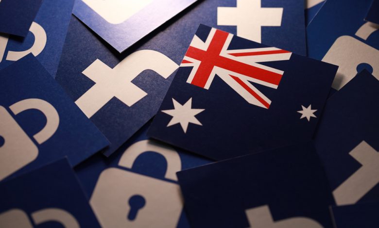 Scattered images of Facebook’s logo, a lock, and the Australian flag.