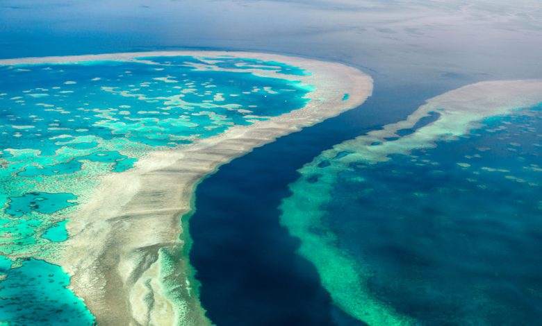Aerial view of the Great Barrier Reef.