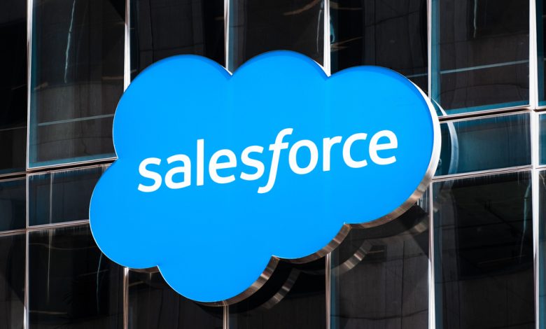 Close up of Salesforce logo displayed on one of their towers in downtown San Francisco.