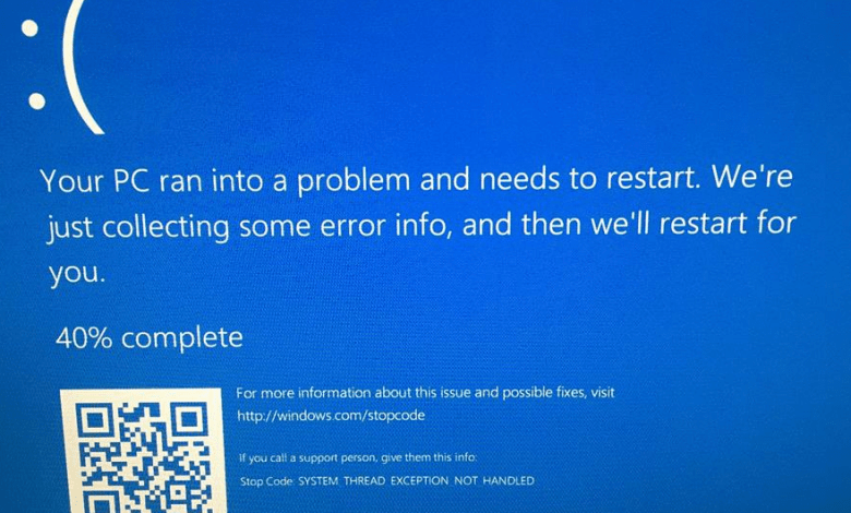 Windows 10 system crash blue screen due too ‘system thread exception not handled’ error.