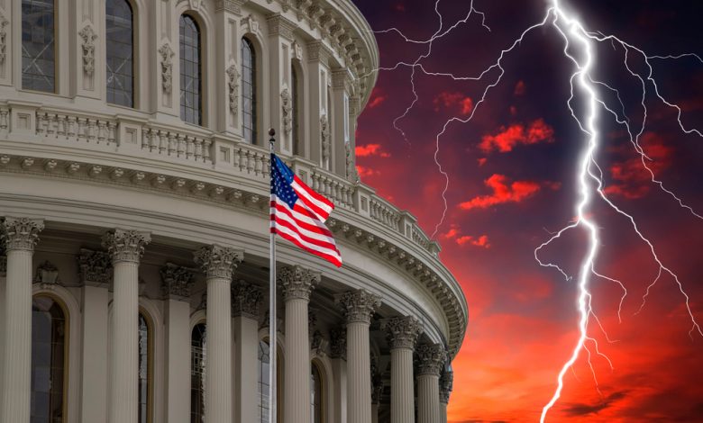 Lightning on Washington DC Capitol dome with a red sunset in the background.