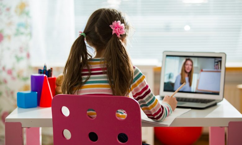 Young female distance teacher having a video conference call with a pupil using a webcam.