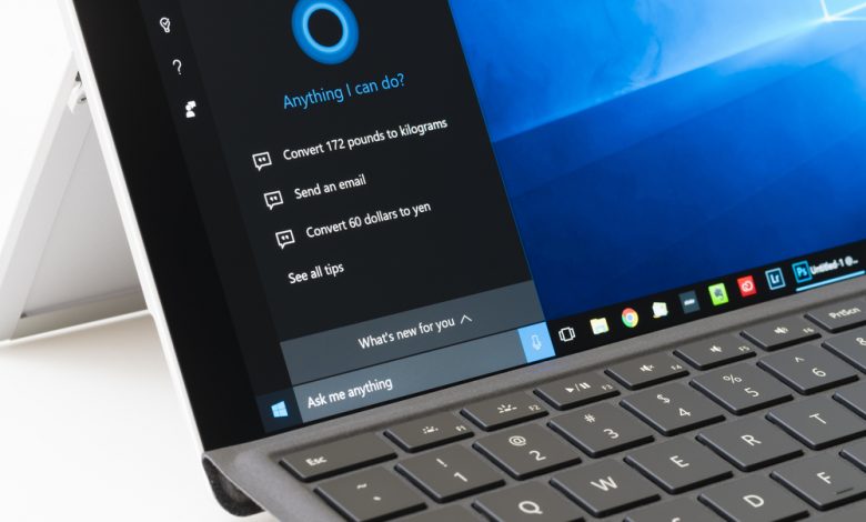 Image focusing on Windows 10 taskbar with Cortana virtual assistant active.