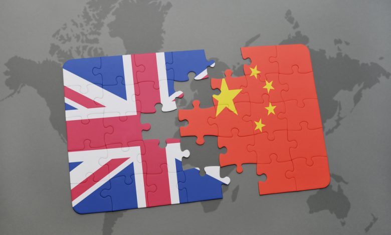 Puzzle with the national flag of Great Britain and China on a world map background.