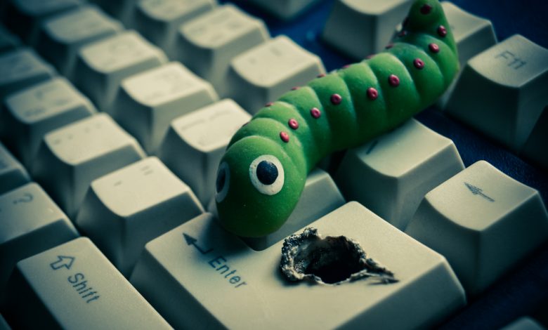 Computer security concept image showing a toy worm malware on keyboard.