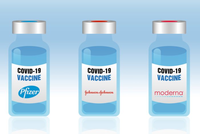 Illustration of a set of covid-19 vaccine vials with pharmaceutical brands Pfizer, Johnson and Johnson, Moderna.