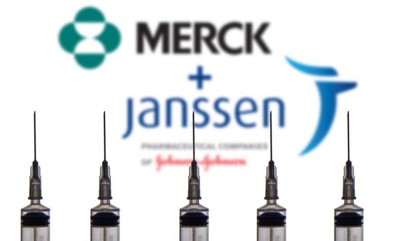 Syringe or injection placed against Merck and Janssen logo.