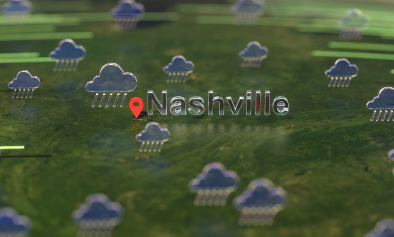 Rainy weather icons near Nashville city on the map.