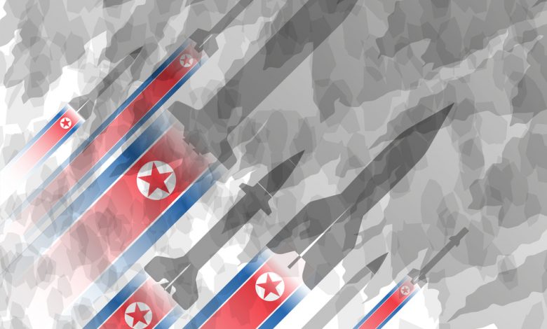 Silhouettes of rockets against the background of the flag of North Korea.
