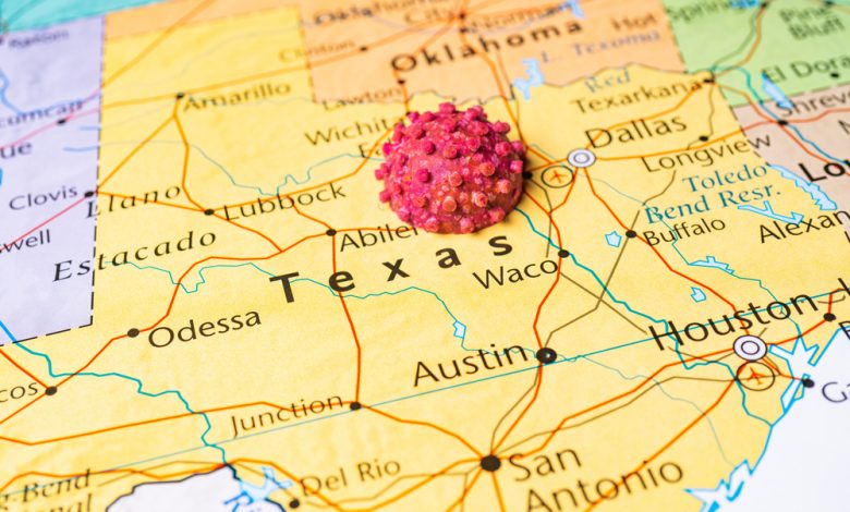 Map of Texas with a coronavirus molecule model.