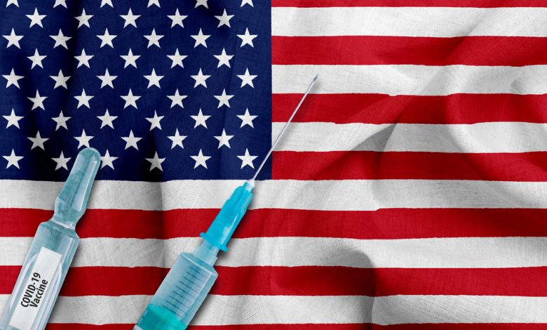 COVID-19 vaccine and syringe with the US flag on the background.