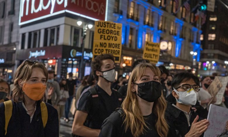 Protesters in New York City following the guilty verdict of Derek Chauvin.